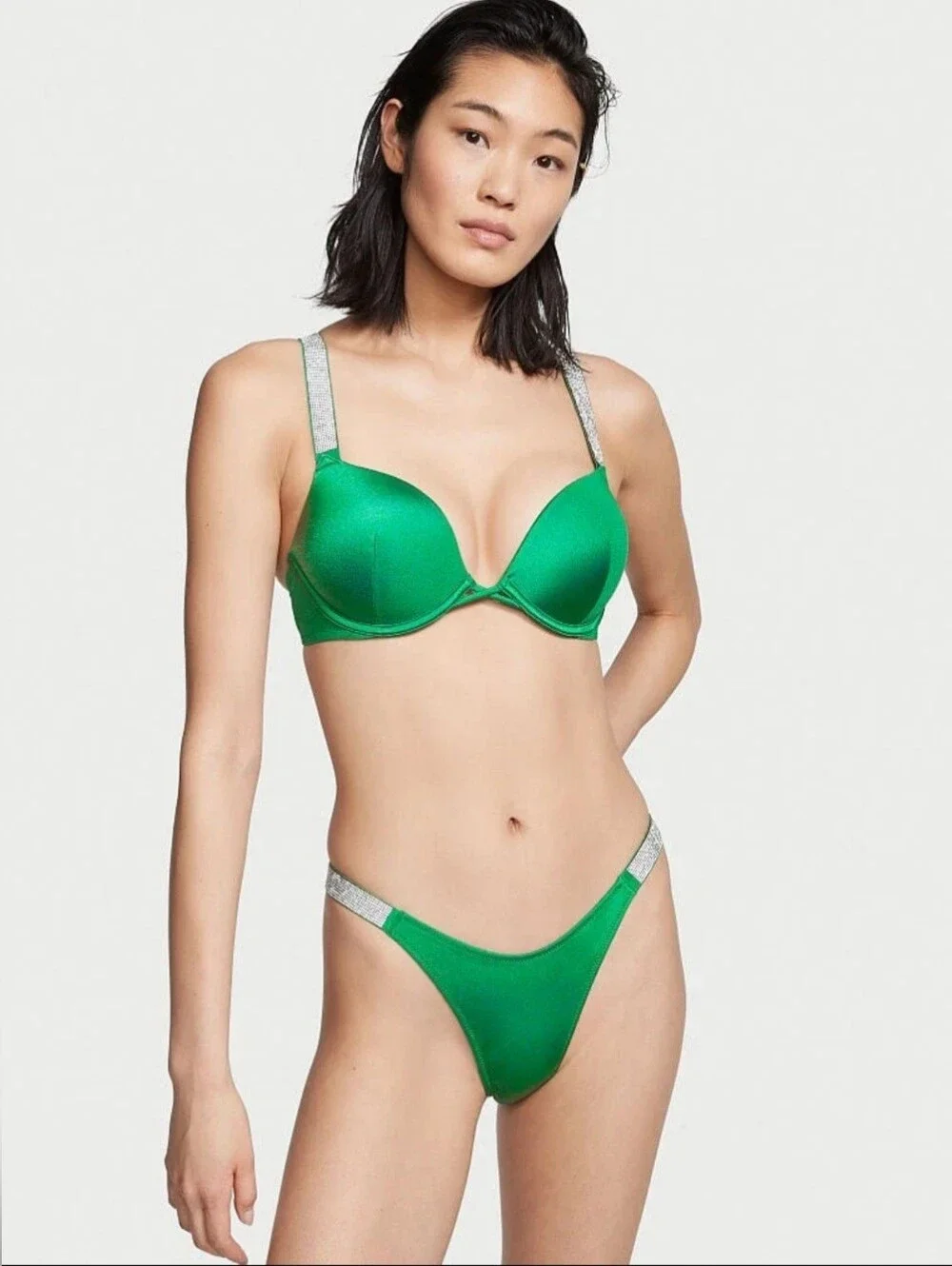 2 PC Set Victoria Secret 34B Bombshell Bikini XS Top Bottom Shine Strap Swimsuit